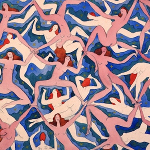 Women dancing art print, Emanuel Frinta, Bez Nazvu, 1920, Woman painting, Modern wall art, Pink, Blue, Figures, Bodies, Humans, Colorful