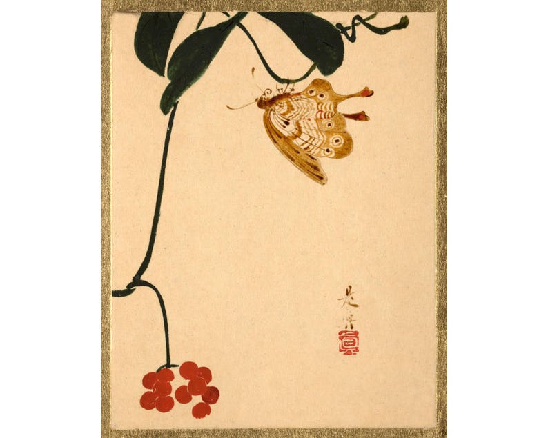 Peinture papillon japonaise ancienne, impression d'art papillon, art papillon vintage, peinture laque, art asiatique, fruits rouges, impression d'art nature image 1