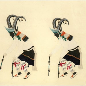 May include: Two figures in traditional Native American dance attire, wearing white shirts, black skirts, and elaborate headdresses with horns. They hold staffs and are depicted in a stylized, almost cartoonish manner. The artwork is signed "Alice Tisiah."