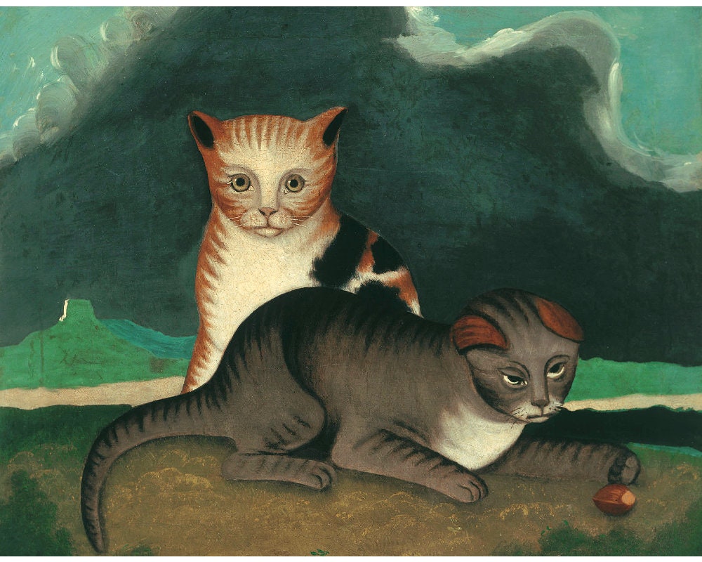 Primitive Folk Art Cat Painting Two Kittens Art Print | Etsy