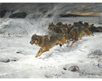 Cuadro de una manada de lobos, arte antiguo de lobos, Alfred Wierusz Kowalski, pintura al óleo vintage de vida silvestre, lobos corriendo, arte mural de animales salvajes