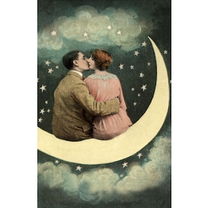 Vintage crescent moon with couple kissing photograph art print, Antique paper moon photography, 1920s, Celestial wall art, Love art, Stars