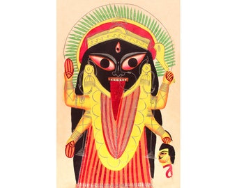 Goddess Kali art print, Vintage Indian kalighat painting, Antique Hindu wall art, Colorful ethnic art, Feminist art, Mother of the Universe