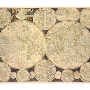 Old world map print, Hemispheres world map, Antique map of the world, Celestial spheres, Restored world map, Antique map reproduction