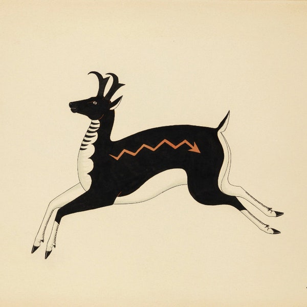 American Pronghorn Antelope art print, Awa Tsireh Deer painting, Wildlife drawing, Bold graphic animal, Pueblo Indian wall art, Southwest
