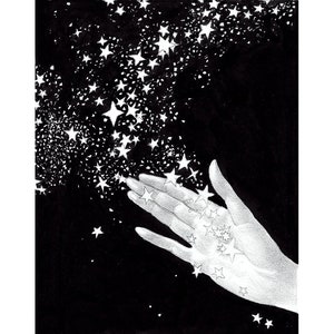 Hand and stars art print, Celestial wall art, Black and white drawing, Night sky painting, Cosmic, We are all stardust, Reach for the stars