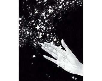 Hand and stars art print, Celestial wall art, Black and white drawing, Night sky painting, Cosmic, We are all stardust, Reach for the stars