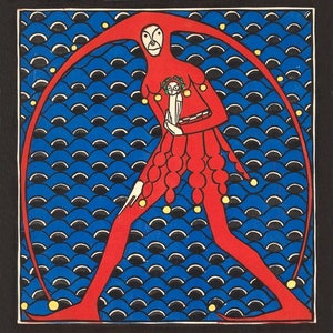 May include: A red jester figure with a long, curved arm, holding a small doll. The jester is standing on a blue and black background with a pattern of overlapping semicircles.