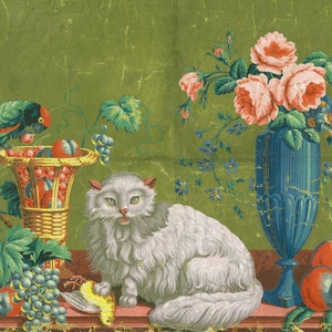 Antique cat painting art print, Vintage cat wall art, Long haired white cat, Flowers, Parrot, 19th century, Ornate, Opulent, Persian cat