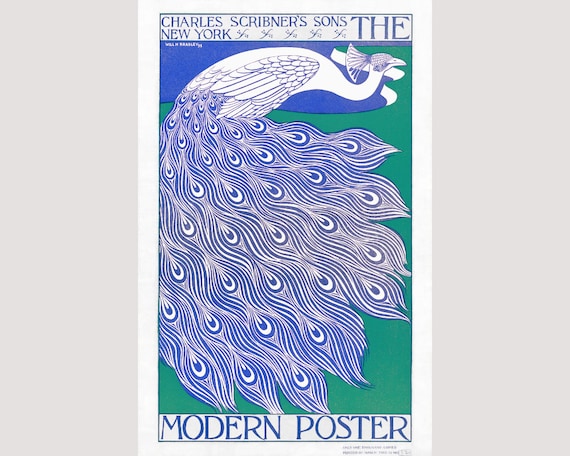The Modern Poster, Art nouveau peacock art print, Will H Bradley, Charles Scribner's Sons, New York, 1895, Vintage wall art, Graphic design