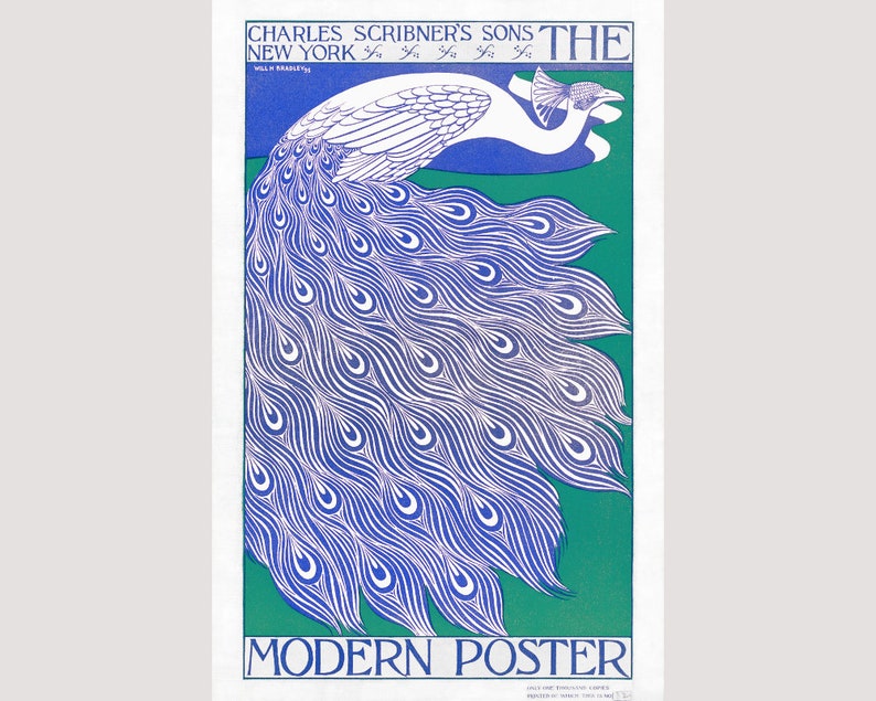 Puede incluir: Un cartel vintage con un pavo real estilizado en azul y blanco sobre un fondo verde. El texto incluye "CHARLES SCRIBNER'S SONS NEW YORK" y "THE MODERN POSTER". El dise&ntilde;o es de estilo Art Nouveau.