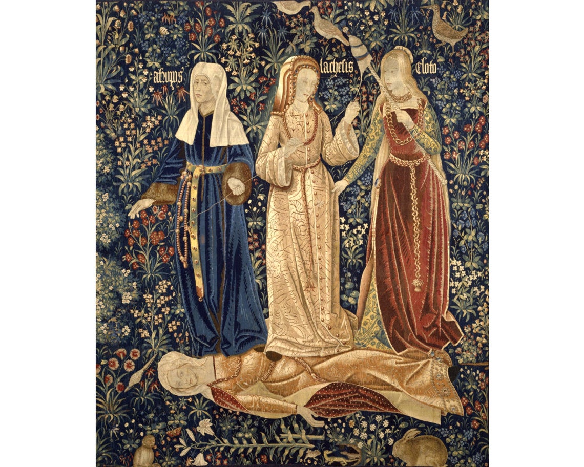 The Three Fates art print Medieval tapestry Myth Mythology image 0