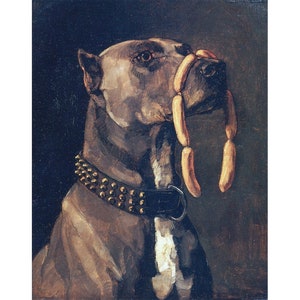 Dog with Sausages, Wilhelm Trubner art print, Vintage pit bull oil painting, Antique Staffordshire terrier, Bully breed wall art, Kitsch dog
