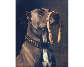 Dog with Sausages, Wilhelm Trubner art print, Vintage pit bull oil painting, Antique Staffordshire terrier, Bully breed wall art, Kitsch dog