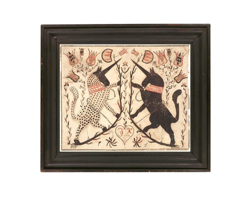 Antique unicorns art print, American folk art fraktur drawing, Vintage unicorn art, Mythical creatures, Aged paper, 18th century, Americana image 1