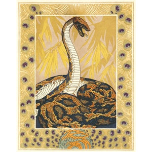 May include: A vintage illustration of a snake with a yellow, brown, and black patterned body. The snake is coiled up with its head raised and its mouth open. The background is a yellow and gold color with a peacock feather design.