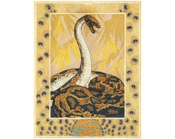 Art nouveau snake print, Antique coiled snake painting, Exotic jungle art, Safari wildlife decor, Vintage animal wall art, Art deco design