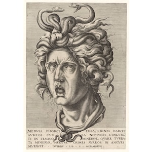 Head of Medusa art print, Medieval Medusa engraving, Cornelis Cort, Greek mythology wall art, Antique Medusa drawing, Mythological art