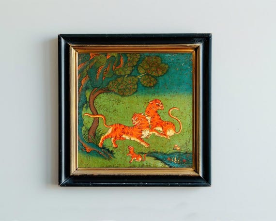 Colorful Tibetan tiger painting, Vintage tigers art print, Big cat wall art, Antique animal art, Asian animals, Exotic, Jungle decor