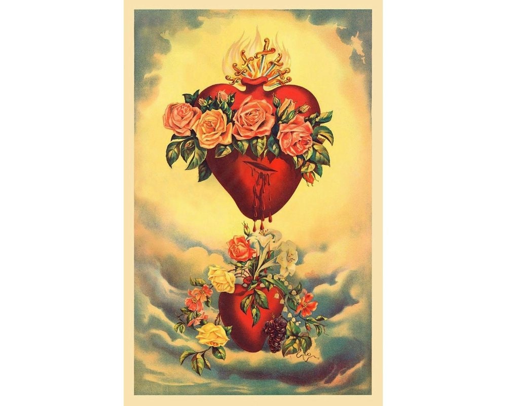 Vintage Sacred Heart art print, The Immaculate Heart of Mary, Bleeding  Sacred Heart painting, Antique Mexican folk art, Retablo, Devotional