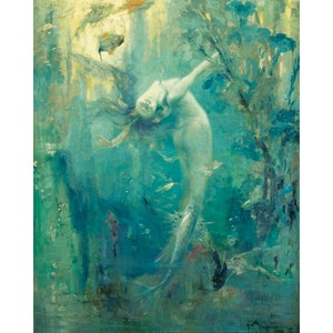 Gaston Hoffmann Sirene art print, Vintage mermaid painting, Antique mermaid wall art, Siren, Underwater, Magical, Mythological art, Nautical