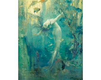 Gaston Hoffmann Sirene art print, Vintage mermaid painting, Antique mermaid wall art, Siren, Underwater, Magical, Mythological art, Nautical