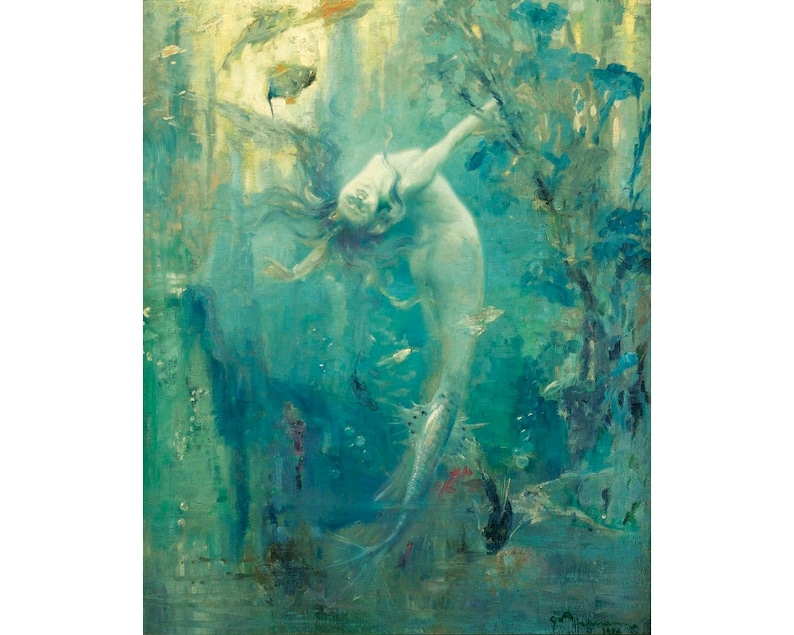 Gaston Hoffmann Sirene art print, Vintage mermaid painting, Antique mermaid wall art, Siren, Underwater, Magical, Mythological art, Nautical 