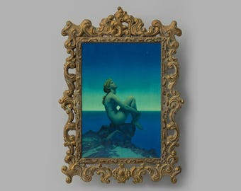 Classical woman painting, Maxfield Parrish Stars art print, Antique celestial wall art, Art nouveau, Night goddess, Ocean, Blue Sky, Dreams