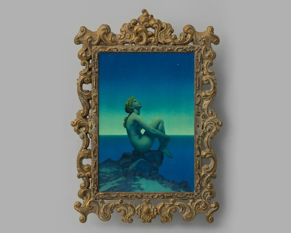 Classical woman painting, Maxfield Parrish Stars art print, Antique celestial wall art, Art nouveau, Night goddess, Ocean, Blue Sky, Dreams