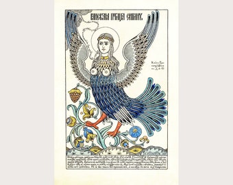 Sirin Bird of Paradise, Ivan Bilibin art print, Russian fairytale wall art, Female mythical creature painting, Harpy, Vintage lubok