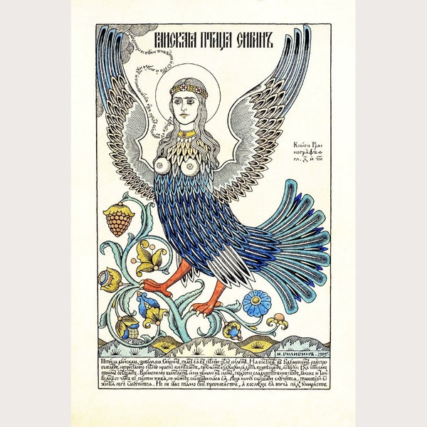 Sirin Bird of Paradise, Ivan Bilibin art print, Russian fairytale wall art, Female mythical creature painting, Harpy, Vintage lubok