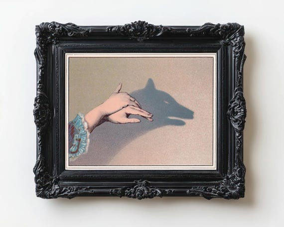 Vintage wolf art print, Victorian hand shadow puppets Vintage wolf art print, Victorian hand shadow puppets