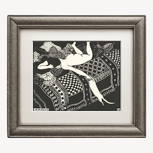 Vintage woman and cat art print, La Paresse by Felix Vallotton, Laziness, Black and white cat wall art, Antique French art nouveau