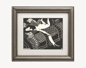 Vintage woman and cat art print, La Paresse by Felix Vallotton, Laziness, Black and white cat wall art, Antique French art nouveau