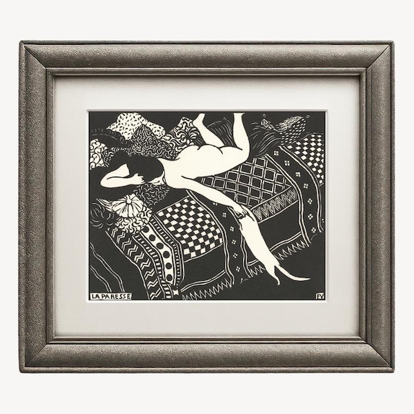Vintage woman and cat art print, La Paresse by Felix Vallotton, Laziness, Black and white cat wall art, Antique French art nouveau