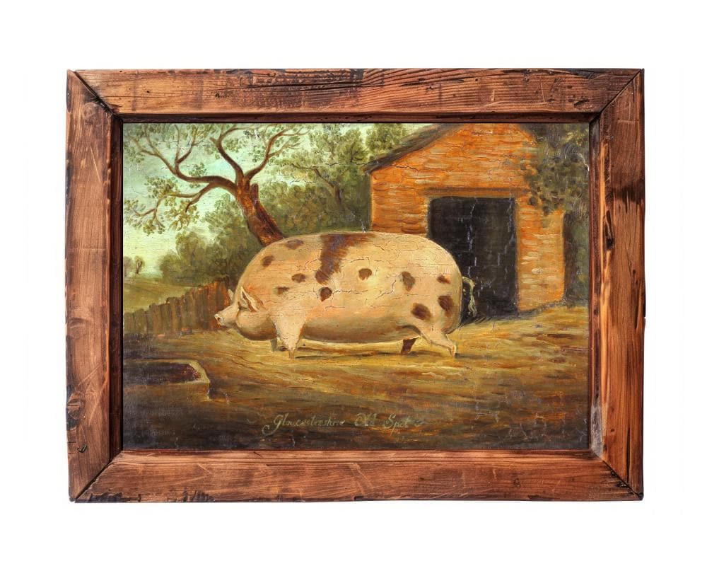 アンティーク雑貨 vintage Decker's pig store display Folk Art Pig Painting, Gloucester Old Spot, Antique Farm Animal