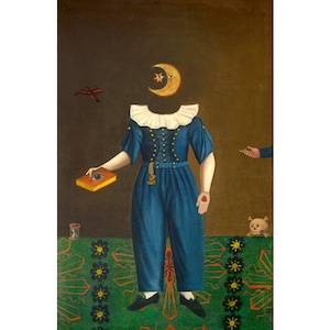 The Somnambulist, Surreal collage art print, Vintage folk art painting, Strange wall art, Crescent moon, Night, Dreams, Magical, Symbolism