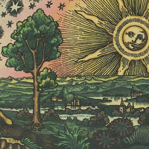 May include: A detailed, vintage illustration showing a landscape with a large tree, a sun with a face, and a starry sky. The scene features green hills, a river, and buildings, all in a colorful, detailed style reminiscent of old woodcuts.