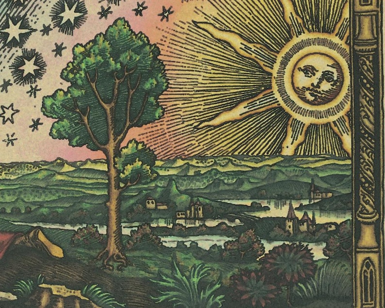 May include: A detailed, vintage illustration showing a landscape with a large tree, a sun with a face, and a starry sky. The scene features green hills, a river, and buildings, all in a colorful, detailed style reminiscent of old woodcuts.