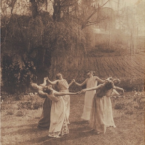 Circle of Witches antique photograph print, Vintage women dancing art print, Wiccan, Pagan, Coven, Seance, Nature goddess, Sepia photography