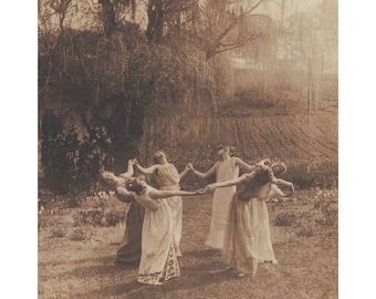 Circle of Witches antique photograph print, Vintage women dancing art print, Wiccan, Pagan, Coven, Seance, Nature goddess, Sepia photography