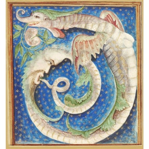 May include: A detailed illustration of a dragon with a human-like face, wings, and a long, serpentine tail. The dragon is depicted against a blue background with gold stars.