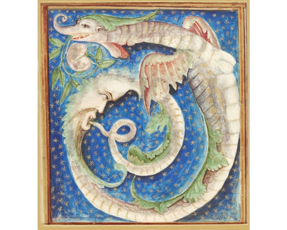 Medieval Moon Dragon art print, Cosmic Ouroboros painting, Antique celestial wall art, Crescent moon face, Stars, Illuminated manuscript