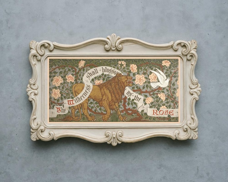 The Wilderness Shall Blossom as the Rose, Art nouveau painting, Walter Crane design, Arts and Crafts, Lion art print, Enchanted forest image 2