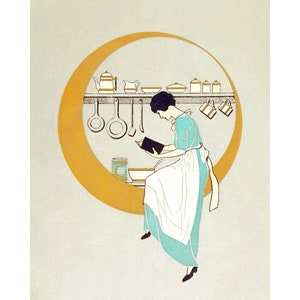 May include: A woman in a blue dress and white apron sits on a counter in a kitchen, reading a cookbook. The kitchen has a shelf with various pots and pans hanging from it.