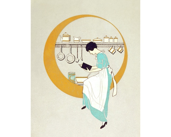 Vintage kitchen art print, Woman in the moon, Crescent moon wall art, Retro lady painting, Cook, Cooking, Baking, Farmhouse decor, 1920s