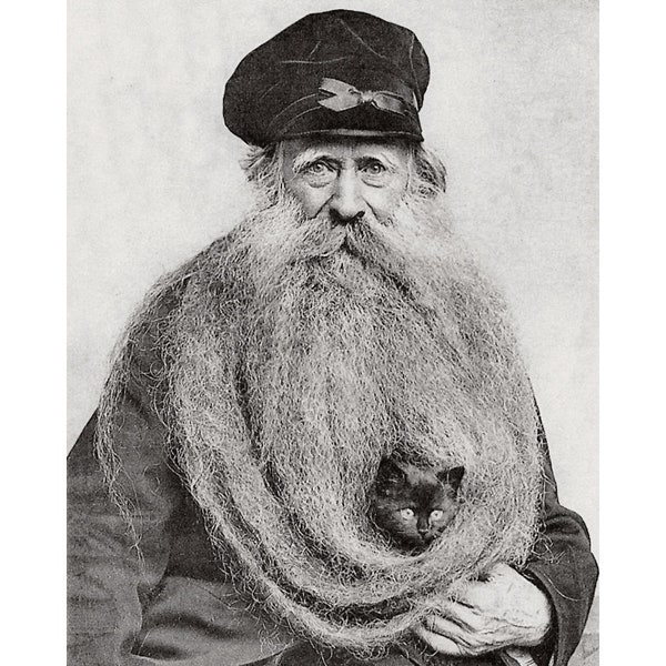 Old man with cat in his beard vintage photograph art print, Weird antique photography, Strange old photo, Black kitten, Funny cat wall art