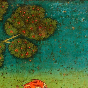 May include: A painting depicting a tree with red berries against a teal background. The tree is positioned in the top left corner of the image. The background features a gradient of teal and green hues. A red and orange bird is visible in the bottom right corner of the image.