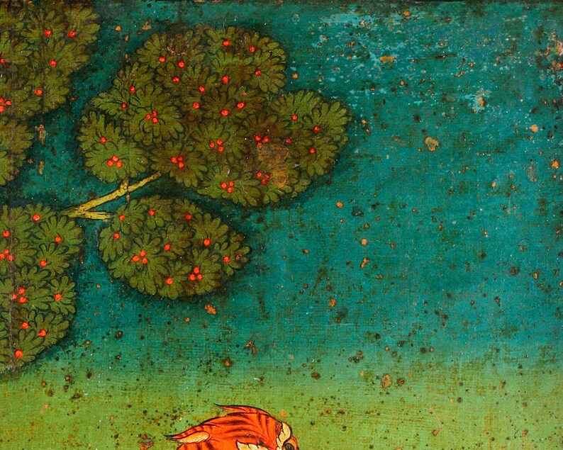 May include: A painting depicting a tree with red berries against a teal background. The tree is positioned in the top left corner of the image. The background features a gradient of teal and green hues. A red and orange bird is visible in the bottom right corner of the image.