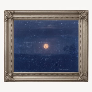Vintage moon painting, Moonlight art print, Antique celestial wall art, Night sky, Blue, Old moon art, Frederic Edwin Church, 19th century image 2
